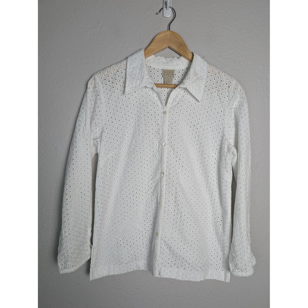 Sigrid Olsen Sport Button-Up Womens M White Eyelet Lace Embroidered Cotton Shirt